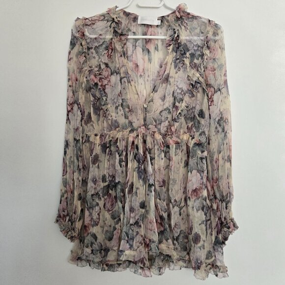 Zimmermann Jasper Floral Ruffle Sheer Blouse Top Size 1 Small b75E - Picture 2 of 10